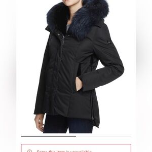 Dawn Levy Black Coat with Blue Fur Trim Luka